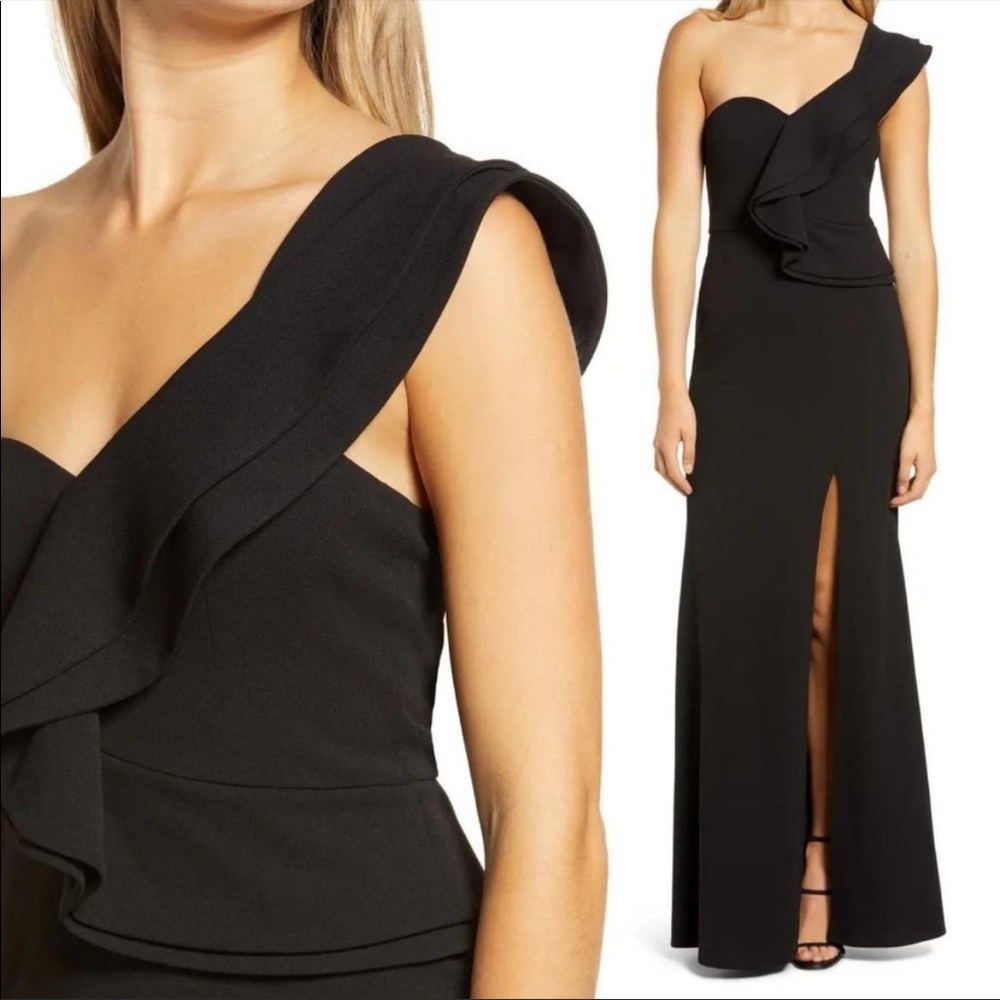 Lulus Kiss Me Again One-Shoulder Ruffle Gown in Black